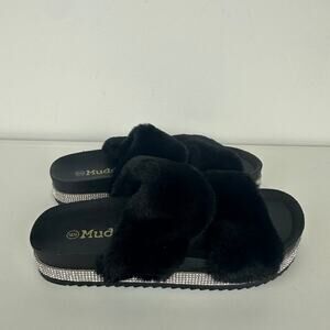 Mudd Womens Lauren Rhinestone Fuzzy Faux Fur Black Sandal Slide Slippers 36